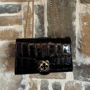 BOGO Black Faux Patent Leather croc embossed shoulder Bag with Gold Chain